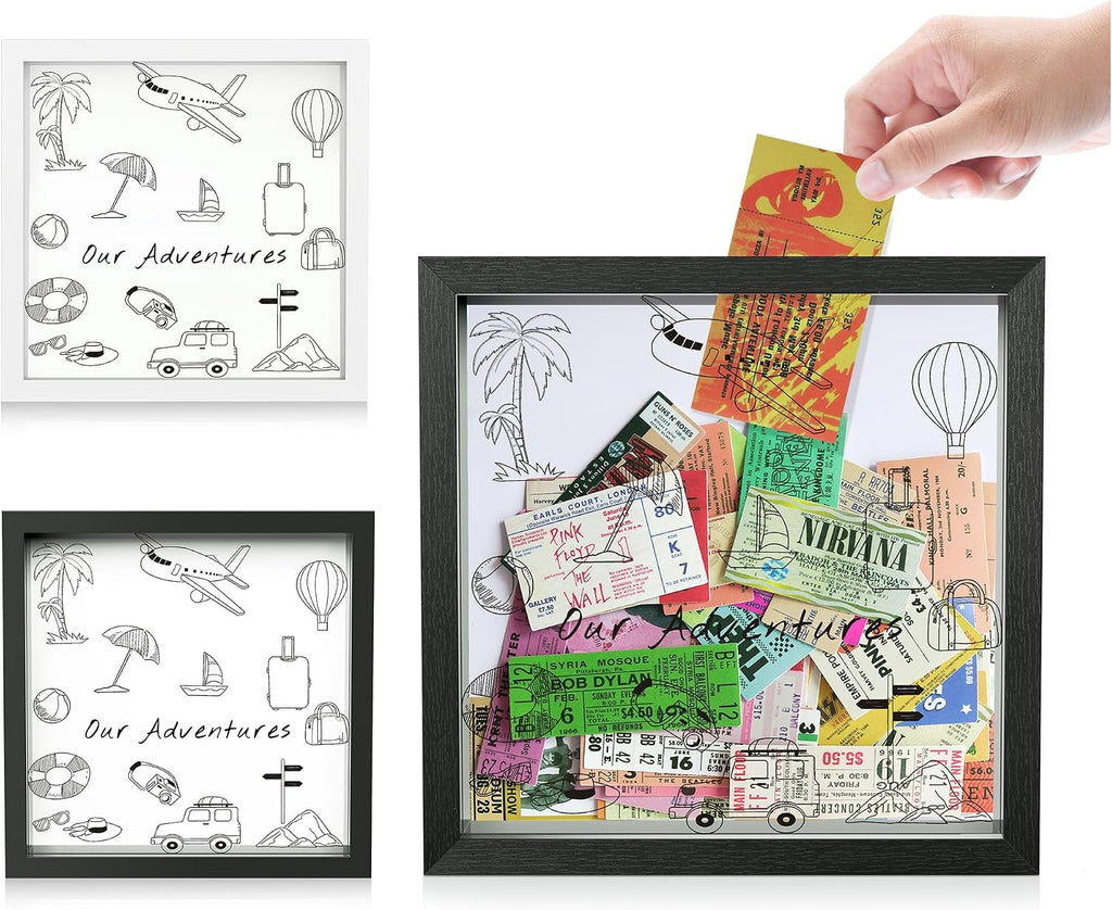 Jackma Travel Tickets Collection Shadow Box Frame, Funny Display Box for Collecting Tickets of Sporting Travelling Events – Piggy Bank Frame Memory Box with Slot on Top, Black 8x8”