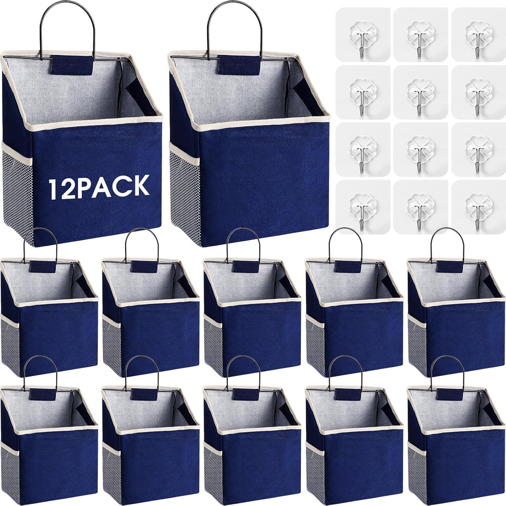 Woanger 12 Pcs Wall Hanging Storage Bag Wall Hanging Organizer Bag Over The Door Closet Basket Containers Bins with Hooks Pockets for Bedroom Bathroom, 15 x 4.3 x 8.7''(Navy Blue)