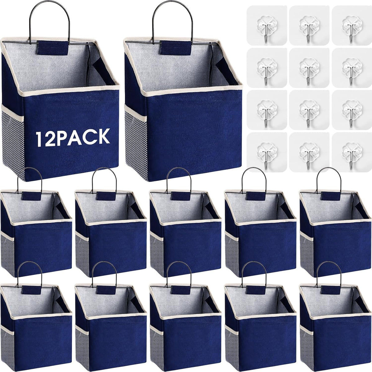 Woanger 12 Pcs Wall Hanging Storage Bag Wall Hanging Organizer Bag Over The Door Closet Basket Containers Bins with Hooks Pockets for Bedroom Bathroom, 15 x 4.3 x 8.7''(Navy Blue)