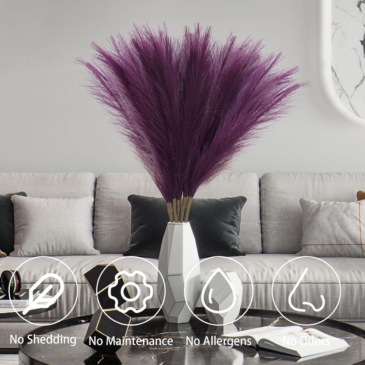 MAKHOT Pampas Grass Tall, 30” Bundle of 5 Detachable Fake Artificial Dried Grey Floral Grass Home Living Room Decor, Faux Gray Pampas Grass Decor Fluffy Filler for Floor Vases(Purple/Gray)