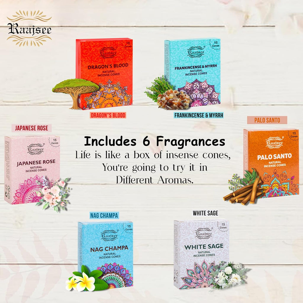 Raajsee Natural Incense Cones,6 Pack Mixed Scents Gift Pack 15 pc Each (90 Total), Insense Cones Variety Pack, 100% Organic Non Toxic Natural - Hand Rolled Free from Chemicals (Pack 2)