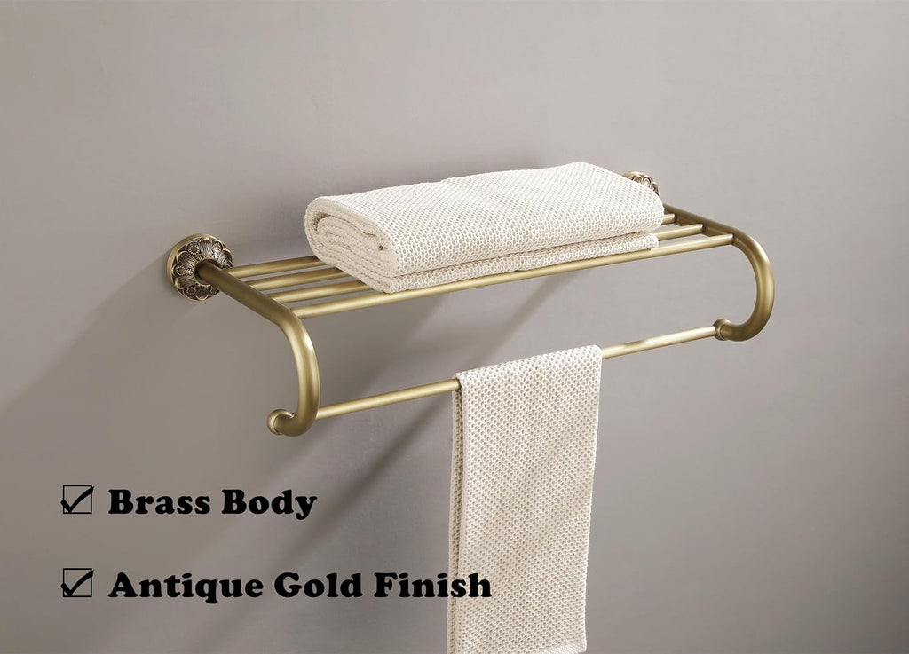 Antique Brass Towel Rack Wall Mount, 24 inch Bath Towel Bar with Shelf, Vintage Gold Decorative Bathroom Accessories, Brass Petal-Relief Series