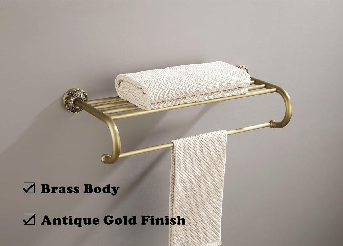 Antique Brass Towel Rack Wall Mount, 24 inch Bath Towel Bar with Shelf, Vintage Gold Decorative Bathroom Accessories, Brass Petal-Relief Series
