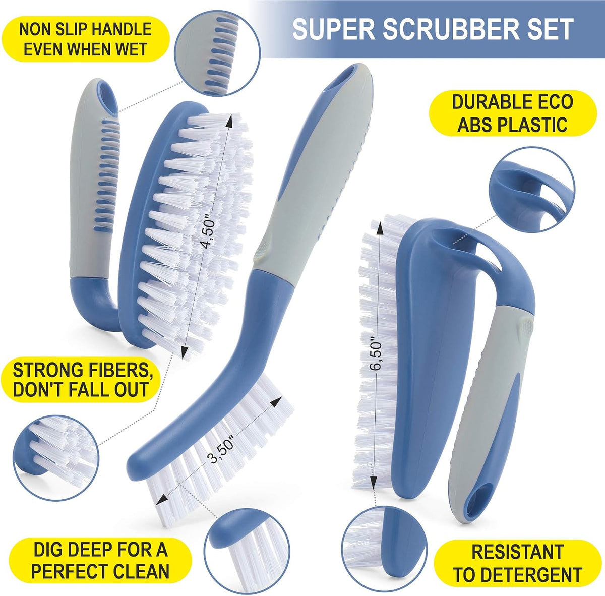 Scrub Brush Set of 3pcs - Cleaning Shower Scrubber with Ergonomic Handle and Durable Bristles - Grout Cleaner Brush - Scrub Brushes for Cleaning Bathroom/Shower/Tile/Kitchen/Floor/Bathtub/Carpet, Blue