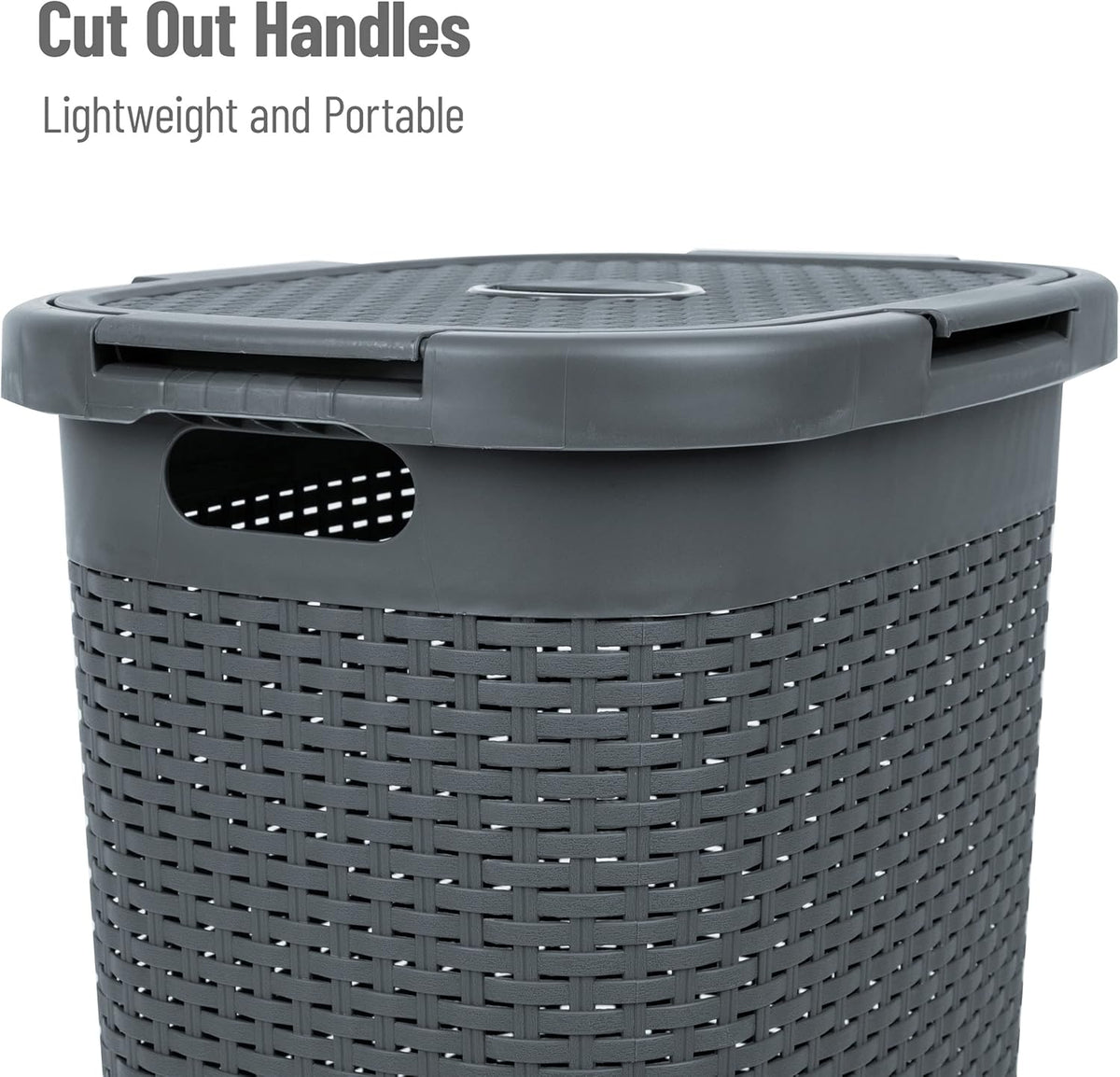 Mind Reader 60L Slim Plastic Hamper with Lid, Wicker Design, Gray
