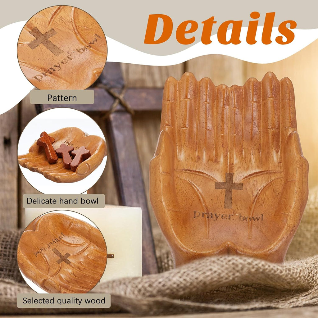 LemonRoad 36 Pcs Prayer Bowl Set Christian Gifts Wooden Prayer Bowl with 5 Wood Hand Held Crosses 30 Printed Cards Religious Gift for Mom Dad Birthday Retirement Home Table Decor(Hands Shaped)