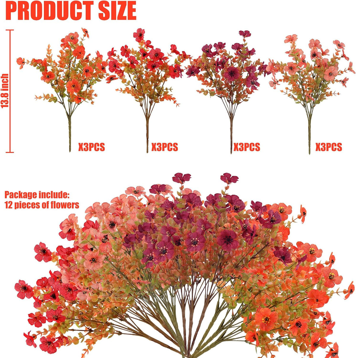 Sggvecsy Artificial Flowers for Outdoors 12 Bundles Realistic Faux Plants Fake Silk UV Resistant Flower for Boxwood Planter Patio Porch Outside(Orange Pink Red Burgundy)