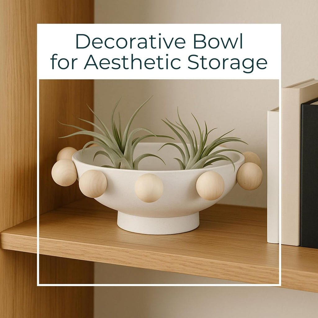 Decorative Bowl for Home Decor – Modern Wood and Metal Accent with Sculptural Wooden Knobs, Casual Catch-All Bowl for Keys, Jewelry, or Potpourri Display on Entryway Table or Console – 13", White