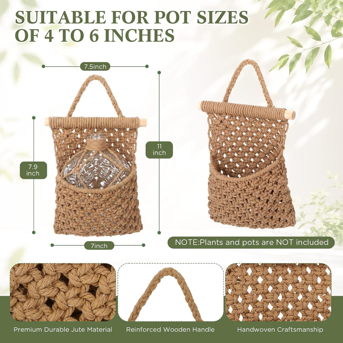 4 Pack Macrame Wall Plant Hangers, Jute with Wooden Rod for Indoor