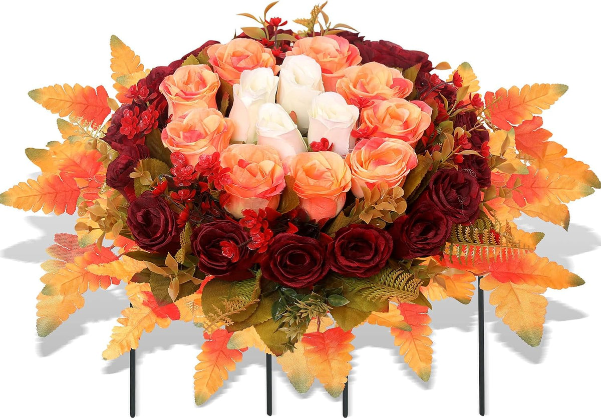 Lodou Artificial Cemetery Flowers,Silk Memorial Cake for Cemetery,Artificial Flower Centrepieces for Tables,Artificial Rose Graveyard Memorial Flowers for Headstones Decoration (Autumn Red)