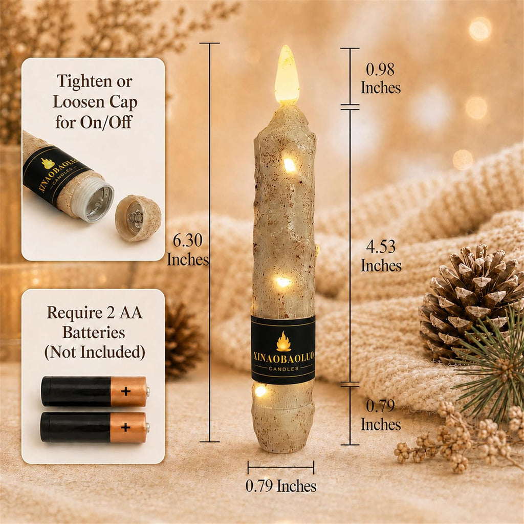 Wood Grain Flameless Taper Candles 4 Pack, 6.5 Inch LED Candles with Remote