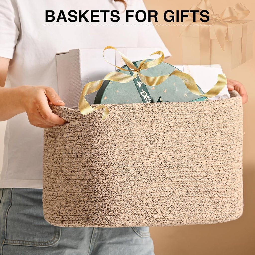 ICERZCZ Woven Cotton Rope Storage Basket for Organizing, Cute Decorative Baskets for Gifts Empty, Organizer Bins for Dog Toy, Baby Laundry, 15“×11”×9.5“, Brown