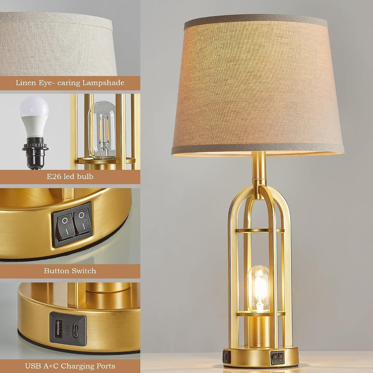 SRJJA 24" Modern Table Lamps for Living Room Bedroom Set of 2, USB A+C
