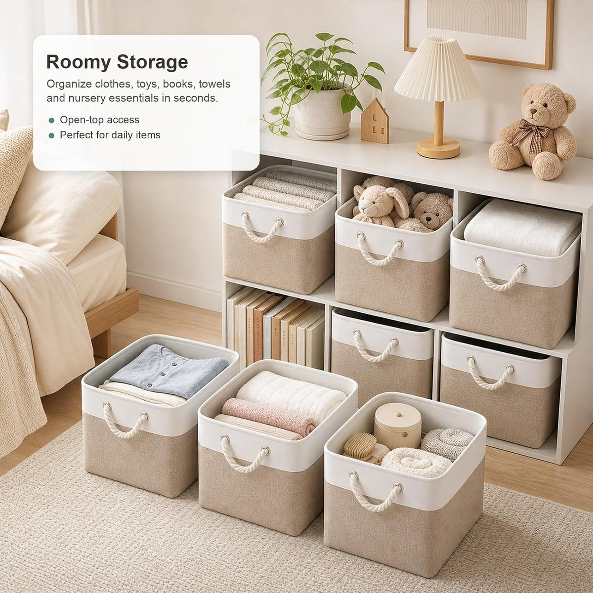 11x11 Inch Cube Storage Bins, 8 Pack Collapsible Fabric Storage Cubes with Rope Handles, Waterproof Foldable Storage Baskets for Cube Shelves, Closet, Clothes, Toys, Books, White & Beige Gold