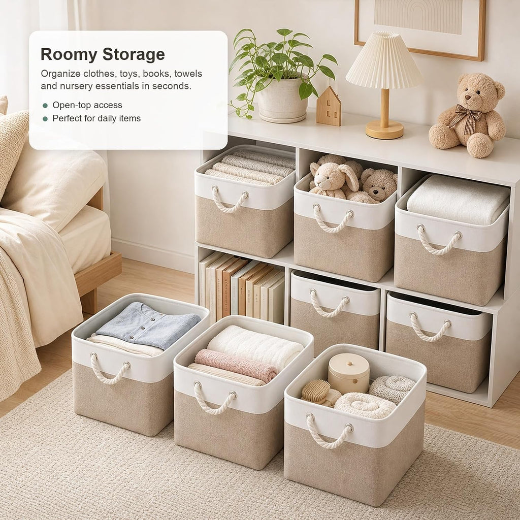 11x11 Inch Cube Storage Bins, 6 Pack Collapsible Fabric Storage Cubes with Rope Handles, Waterproof Foldable Storage Baskets for Cube Shelves, Closet, Clothes, Toys, Books, White & Beige Gold