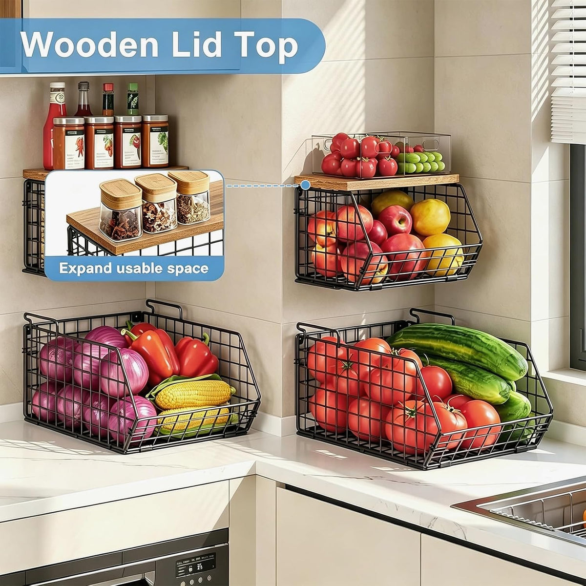 Potato and Onion Storage Bin with Wooden Top, 2-Tier Stackable Wire Basket