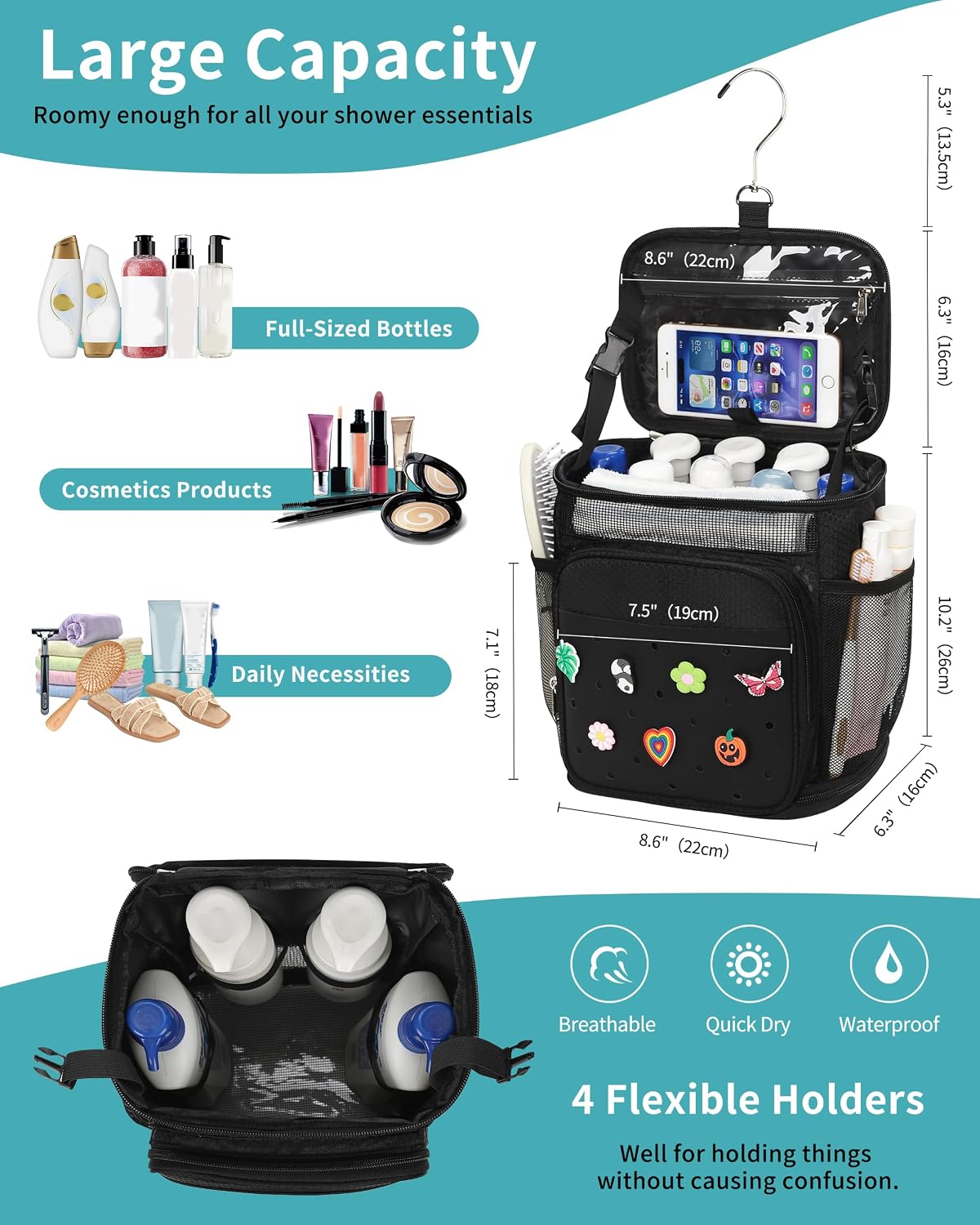 Shower Caddy Portable, Hanging Shower Caddy for College Dorm Room Essentials, Mesh Shower Bag with DIY Decoration Charms, Large Capacity Toiletry Bag for Gym, Swiming, Camping, Bathroom, Beach, Travel