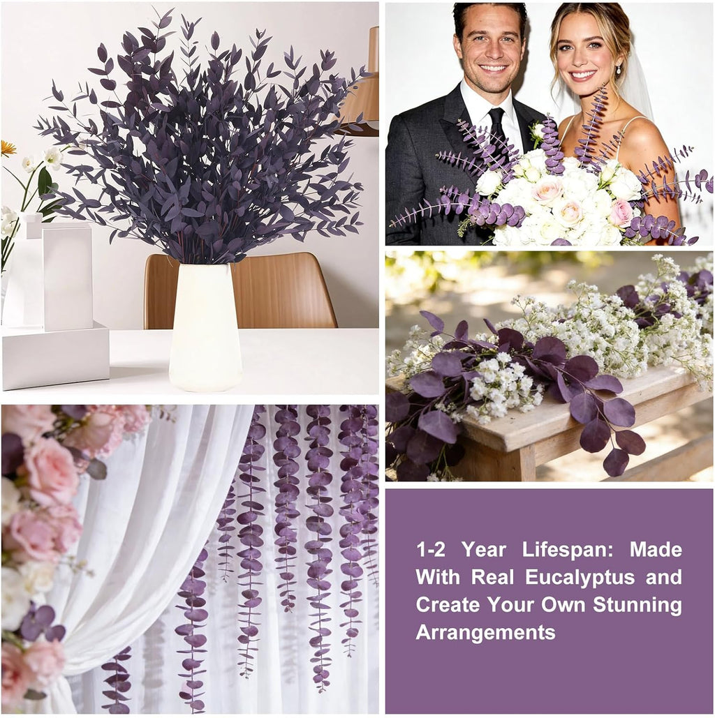7-12 Pcs Preserved Eucalyptus Stems, 14-17" Purple Leaves for Vase Filler