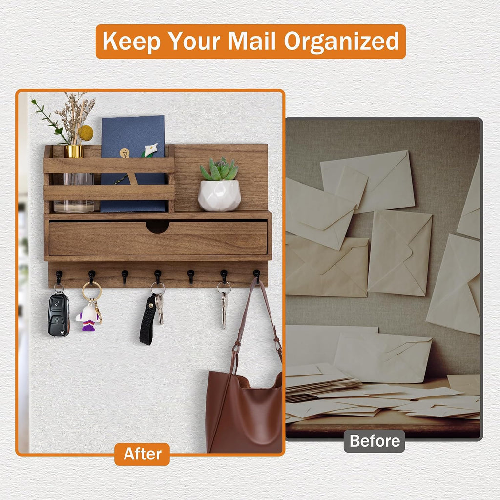 Key Holder Wall Mount, Mail Organizer with 7 Hooks and Storage Drawer