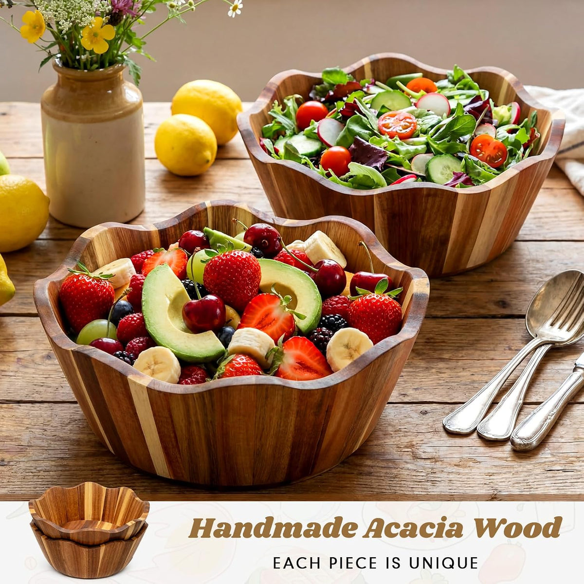 2 Pcs Scalloped Decorative Wooden Bowl 12 Inch Acacia Wood Fruit & Serving Bowl Handcrafted Rustic Decorative Bowls for Fruit, Salad, Snacks and Home Kitchen Counter Decor Wedding Decor