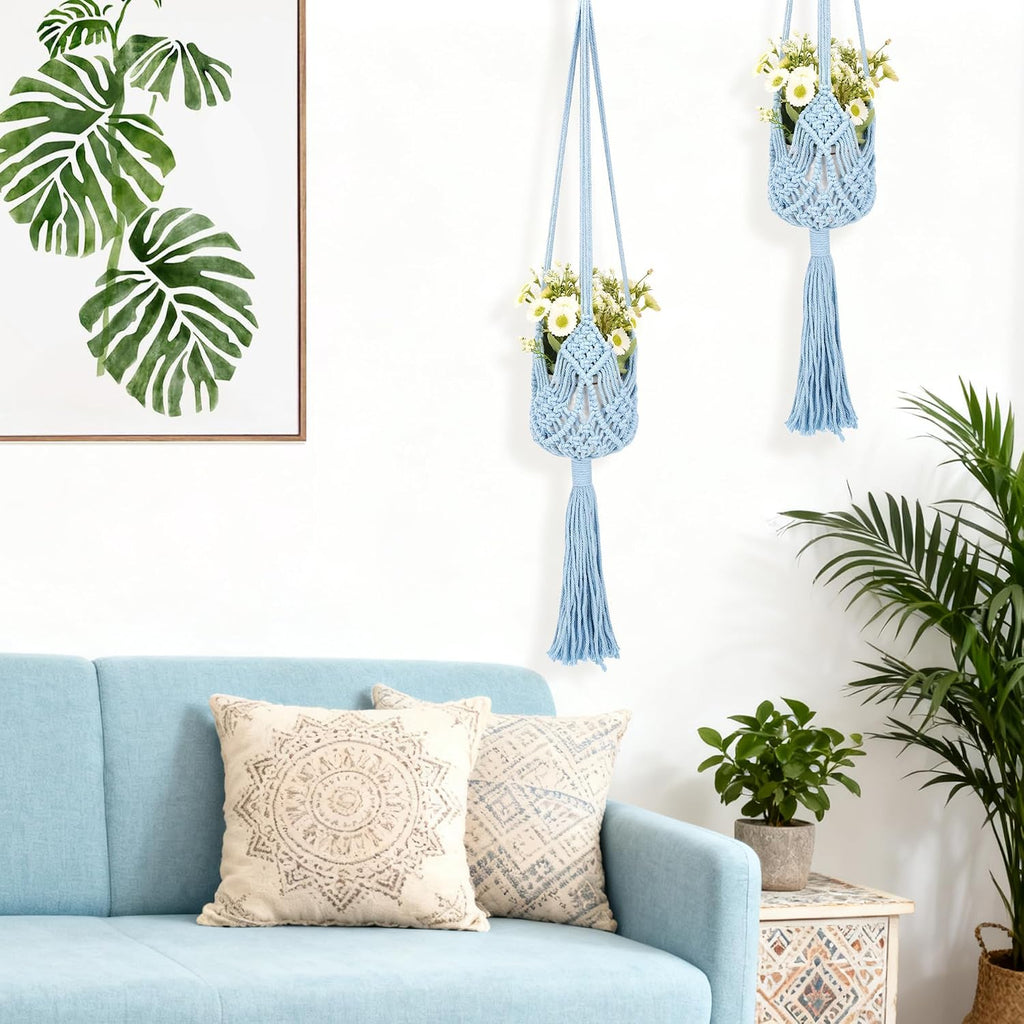 2 Pack Macrame Plant Hangers, 33-Inch Cotton Rope Hanging Planters with Diamond Design, Boho Home Decor for Indoor and Outdoor Use, Blue