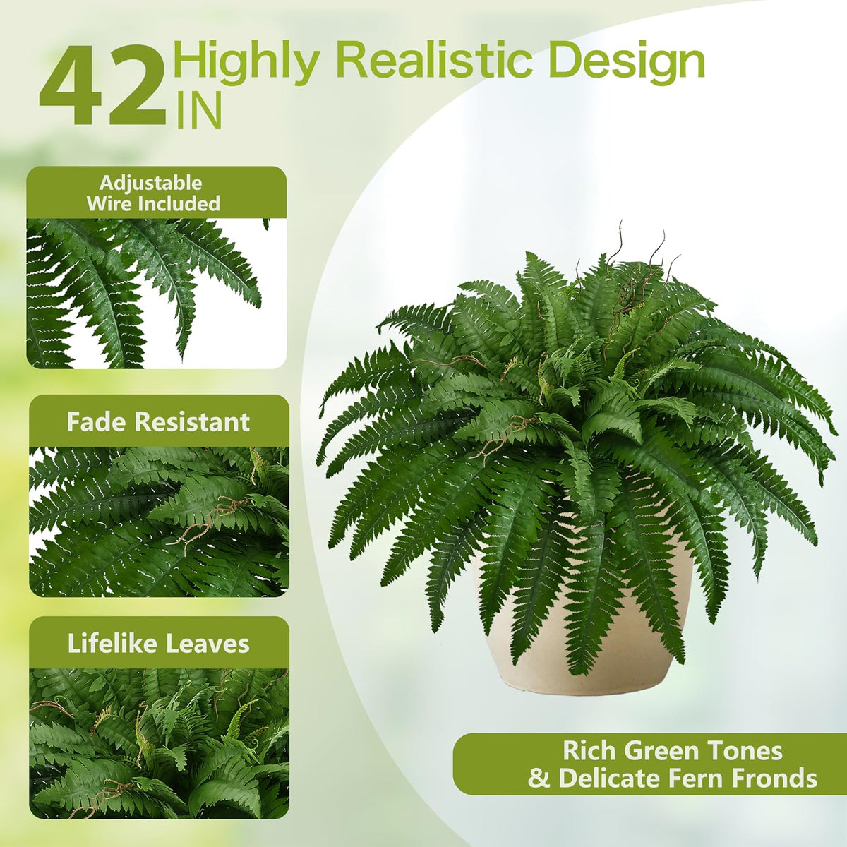 42In Artificial Boston Ferns Bush, Set of 2 Large Faux Ferns Plants, 79 Branches Fake Ferns for Home Living Room Decor, Indoor and Outdoor.