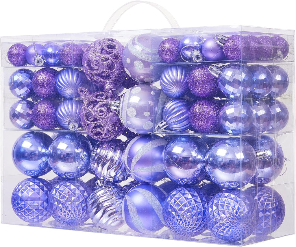 100PCS Christmas Ball Ornaments, Assorted Shatterproof Christmas Tree Decorations, Seasonal Decorative Hanging Baubles Decor Set for Xmas/Holiday/Party, Glitter&Painting Ornament Set (Lavender Purple)