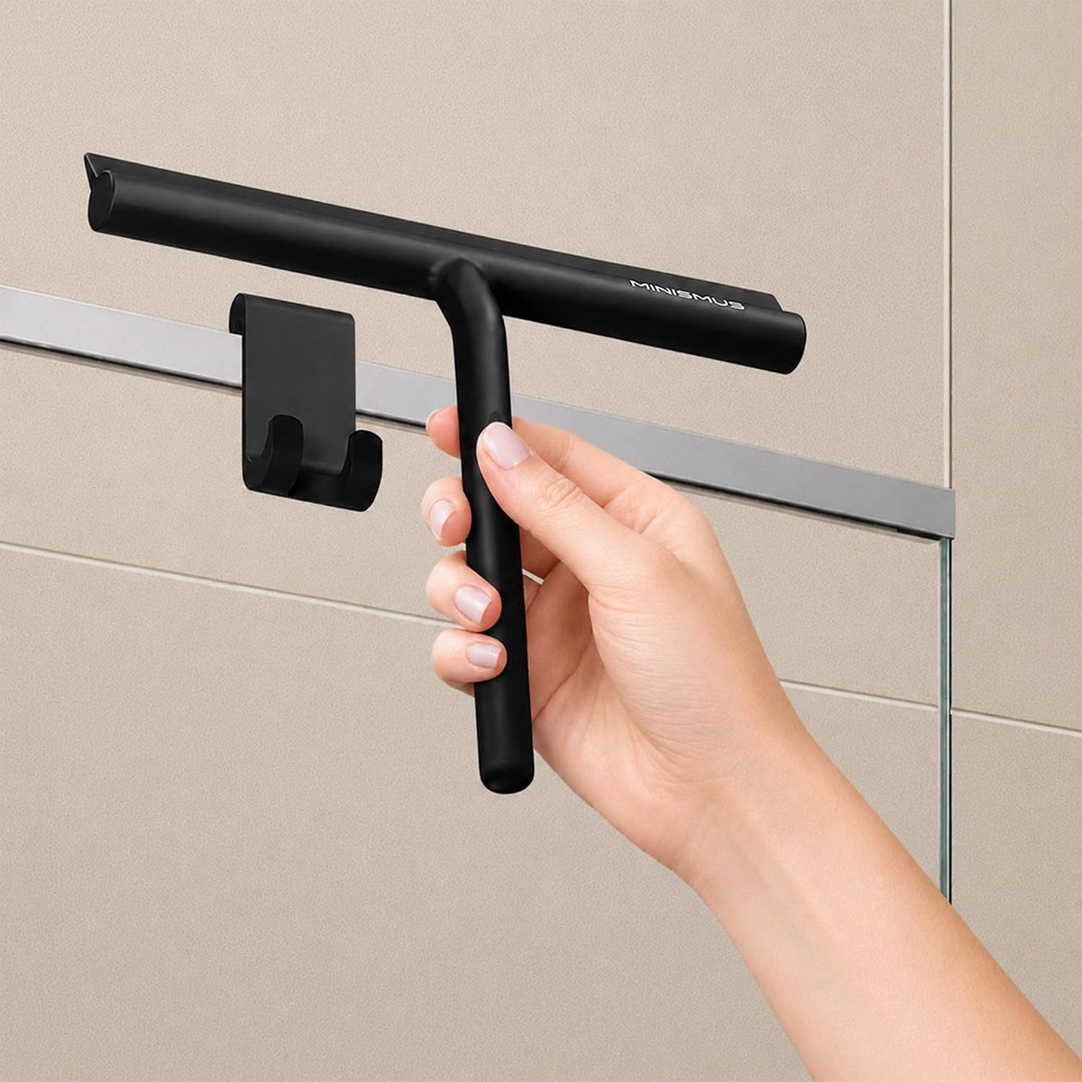 Minismus Silicone Shower Squeegee with Black Hook, Shower Glass Cleaner