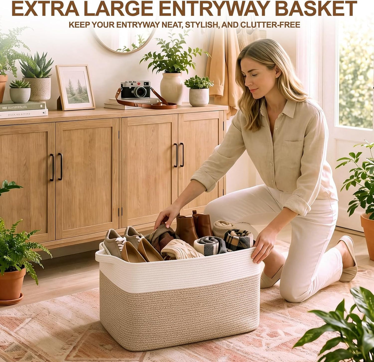 OIASKET Blanket Basket for Living Room, Cotton Rope Basket for Storage, Toy Baskets Bin for kids, Woven Baskets with Handles for Clothes, Towels, Pillows, 20" x 16" x 12", Brown and White