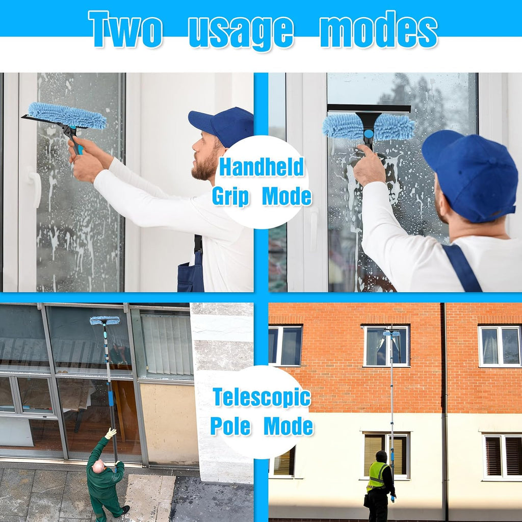 30FT Reach Window Squeegee Kit with Extension Pole, 2-in-1 Professional Washer for High Windows, 5-24FT Adjustable Reach, Rotatable Head for Indoor & Outdoor Use, Streak-Free Cleaning Tool for Home