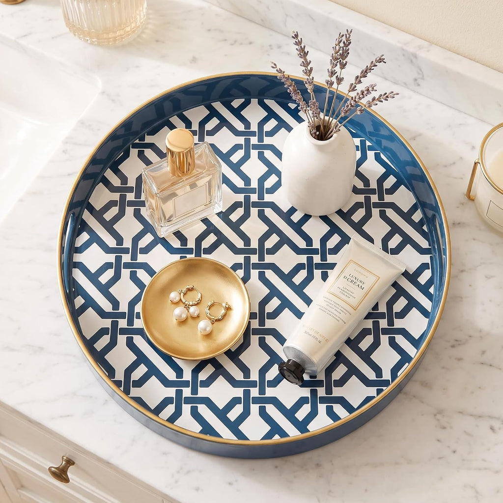 Spsyrine Round Plastic Geometric Serving Tray for Bathroom, Kitchen