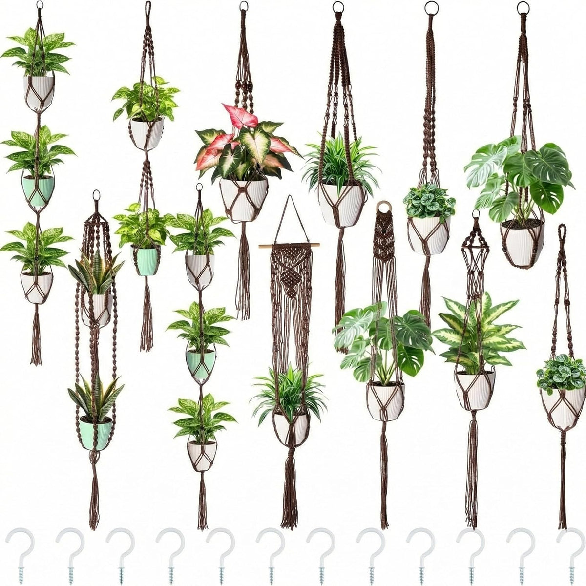 SATINIOR 12 Pcs Macrame Plant Hangers Handmade Boho Hanging Planters 12 Different Tiered Designs with 12 Hooks for Flower Pots Indoor Outdoor Decorative Wall Hanging Baskets for Home(Classic,Brown)