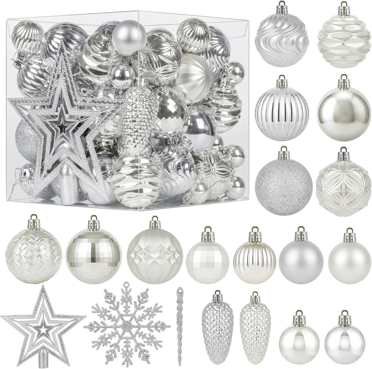 Brightown 100Pcs Christmas Tree Decorations Ornaments Set, Champagne Silver