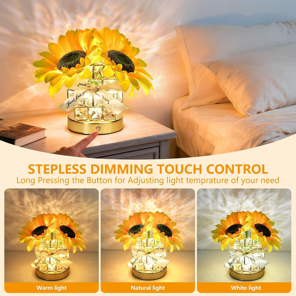 Handmade Sunflower Lamp, Rechargeable Cordless Touch Table Lamp, 3-Colour Infinitely Dimming Small Night Light, Festival Restaurant Bedroom Bar Coffee Shop Birthday Gifts for Women Mom, 2 Sunflowers
