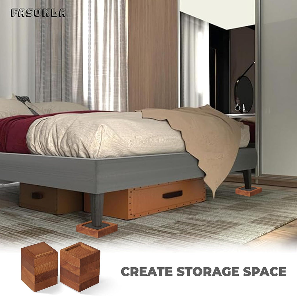 Bed Risers, Furniture Risers (Set of 8-Height 1") Can be Adjusted to 2'' 3''or 4'', Lifts Furniture Risers, Solid Natural Wood Risers, Non-Slip Recessed Hole (Square-Light Brown Color)