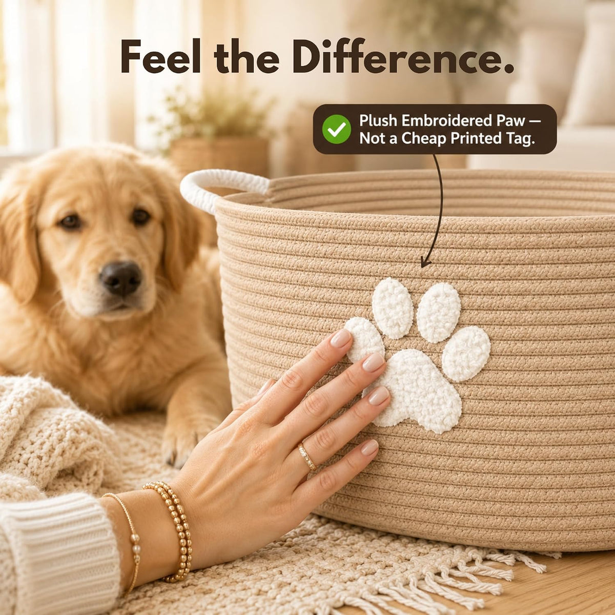 Dog Toy Basket with Handles, Boho Cotton Rope Storage Bin Organizer