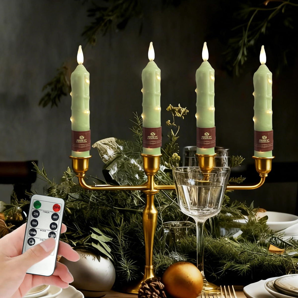 6.5 inch Green Flameless Candle with String Light Window Candles with Remote Timer Battery Operated Taper Candle LED Taper Candles Set of 4