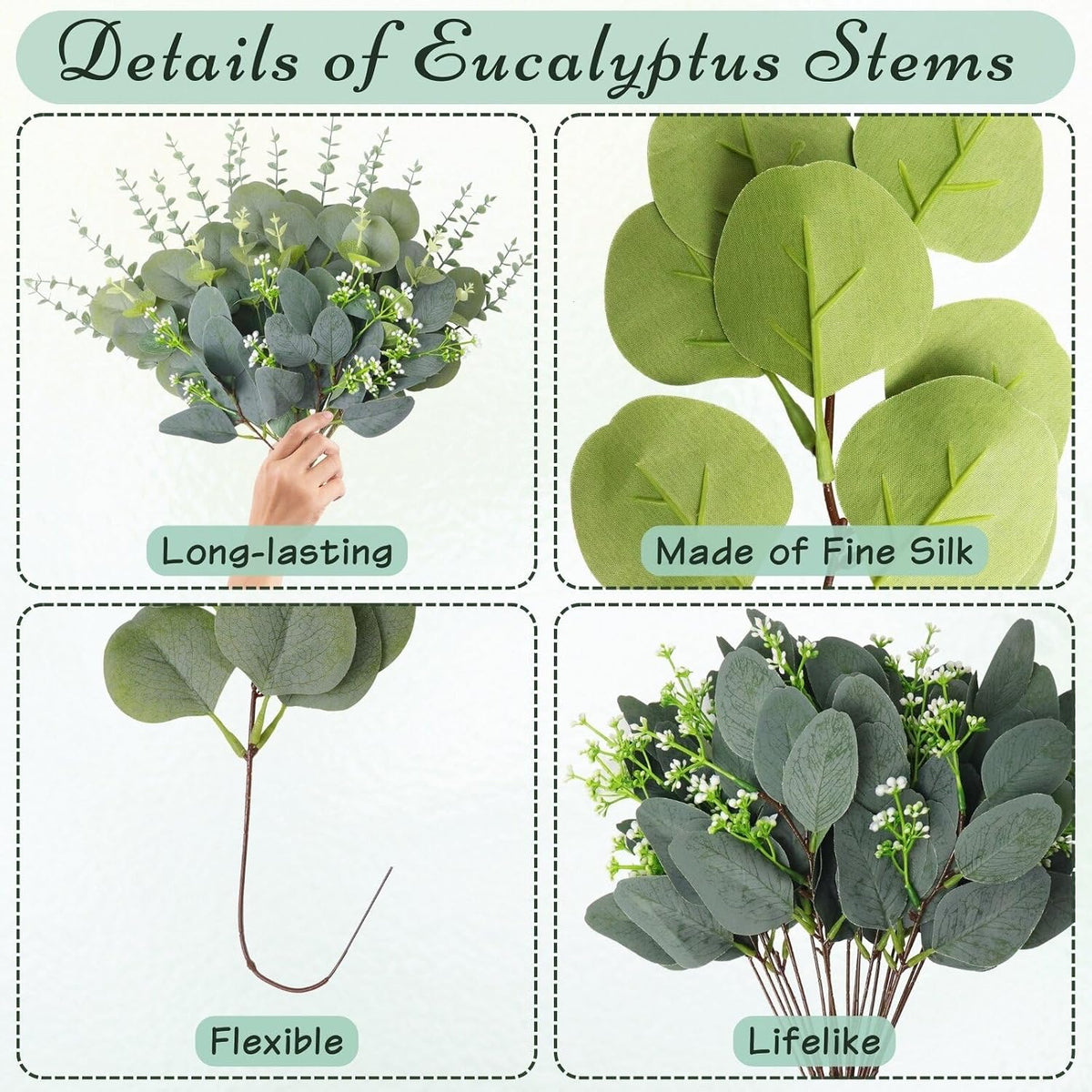 Eucalyptus Stems Bulk 60 Pcs, 4 Kinds Mixed Artificial Silver Dollar Eucalyptus Leaves Bundle Faux Greenery Branches for Wedding Vase Bouquet Floral Arrangement Centerpiece Home Decor