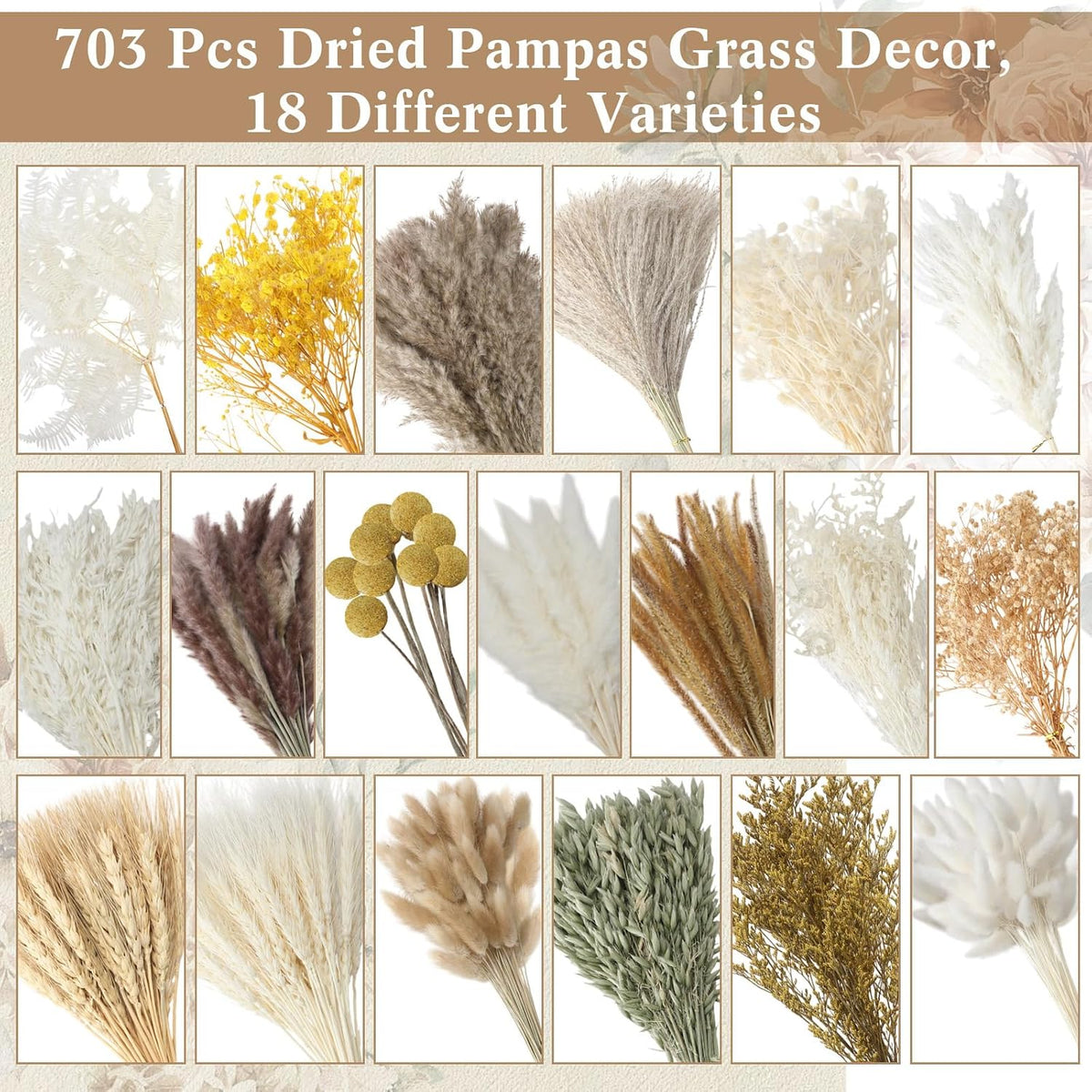 Nuanchu 703 Pcs Dried Pampas Grass Flowers, Bunny Tails, Retro Style