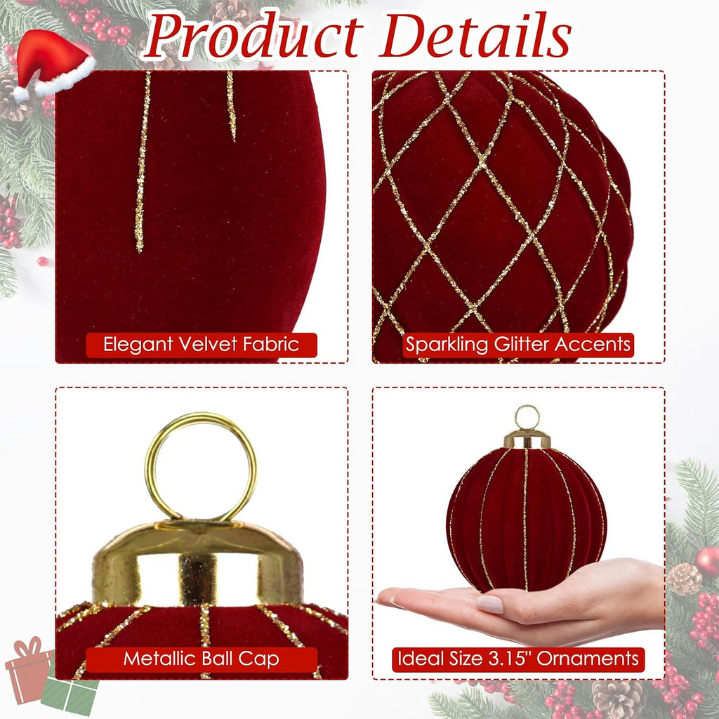 12PCS Velvet Christmas Ornaments Balls 3.15/6.6 Inch Flocked Ornament Sets Glitter Balls for Xmas Hanging Ornaments Decoration Wedding Party Holiday Decor - Classic Red