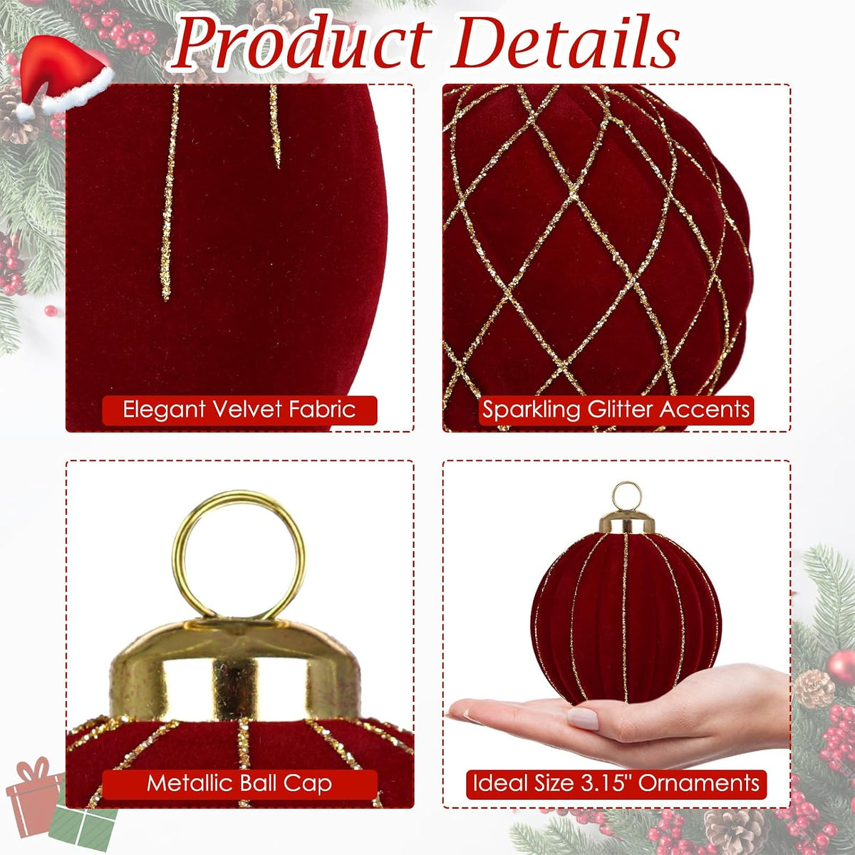 12PCS Velvet Christmas Ornaments Balls 3.15/6.6 Inch Flocked Ornament Sets Glitter Balls for Xmas Hanging Ornaments Decoration Wedding Party Holiday Decor - Classic Red