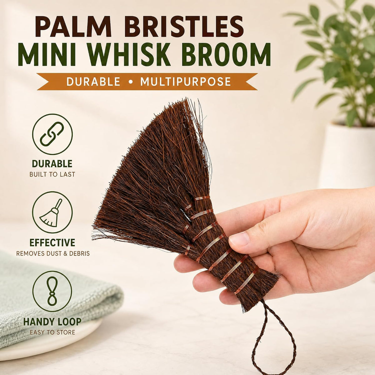 Fasmov 3 Pack Bonsai Broom Brush, Natural Straw Broom with Embroidery Nylon Thread Handle with Hanger, Whisk Broom Hand Brush Car Broom for Cleaning Dustpan Desktop