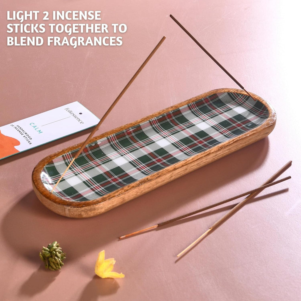 Folkulture Incense Holder or Incense Burner, Modern Incense Holder for Sticks, Ash Catcher or Insence Stick Holder for Housewarming Gifts, Wooden Incense Tray for Sticks, Green Plaid