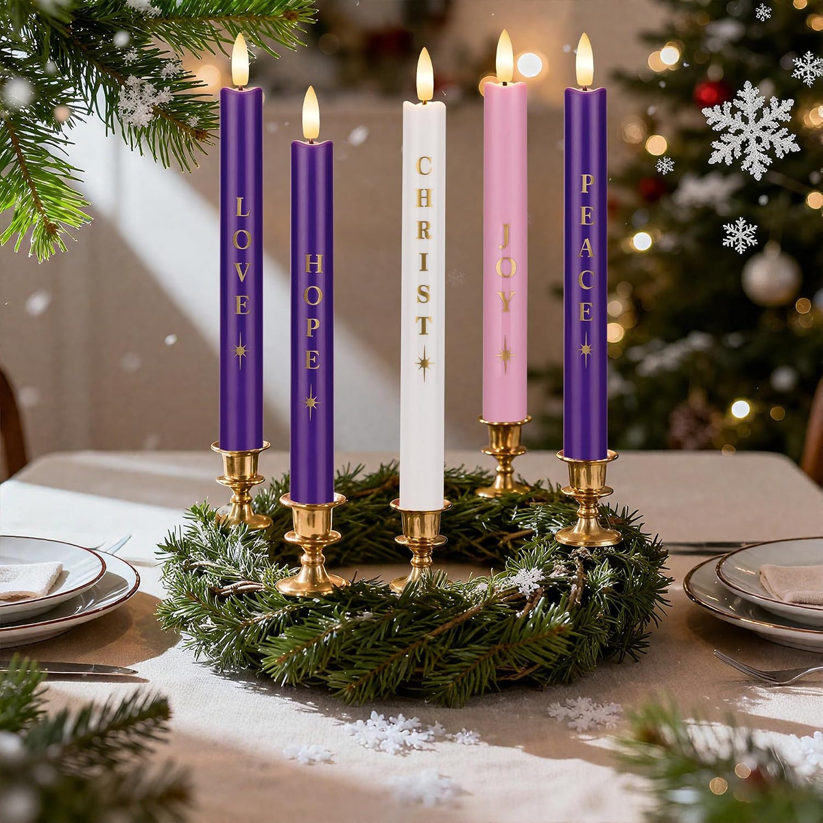 Advent Candles Set of 5, Flameless Taper Candles with Remote, Christmas Purple and Pink Battery Operated Advent Candlestick for Thanksgiving Xmas Advent Wreath Decor, 9.7"