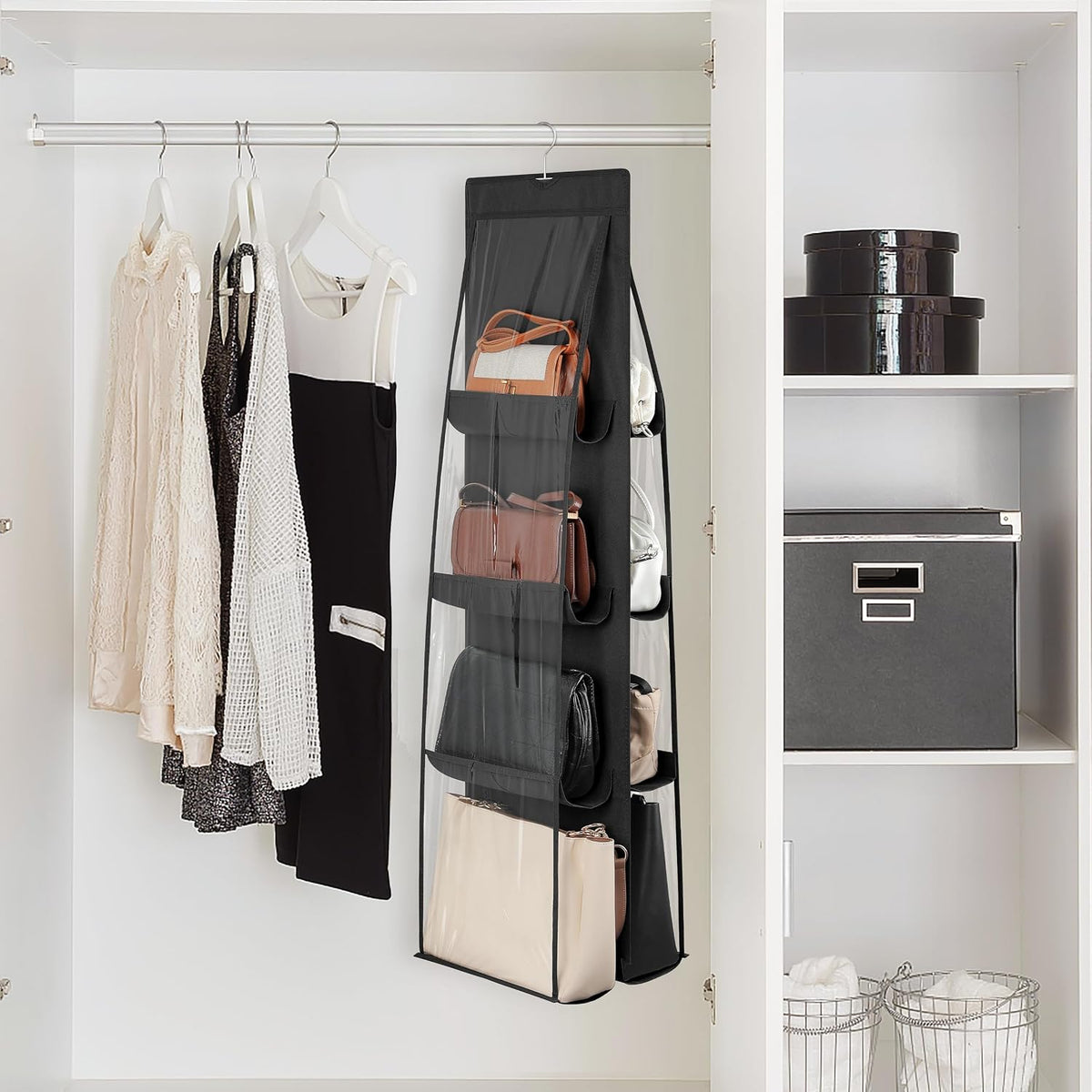 8-Pocket Hanging Handbag Purse Organizer for Closet, Black