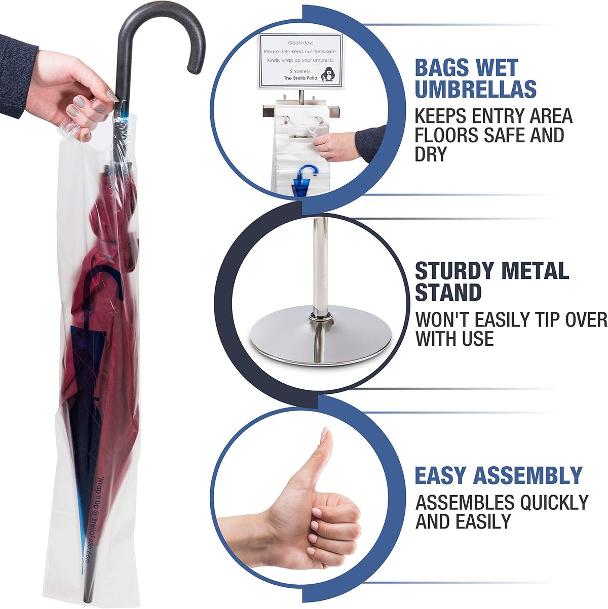 Umbrella Bag Wrapper Station with Sign Frame - Wrap Umbrellas for Rain - Be Safe, Wrap it up! - 200 Long Bags Included