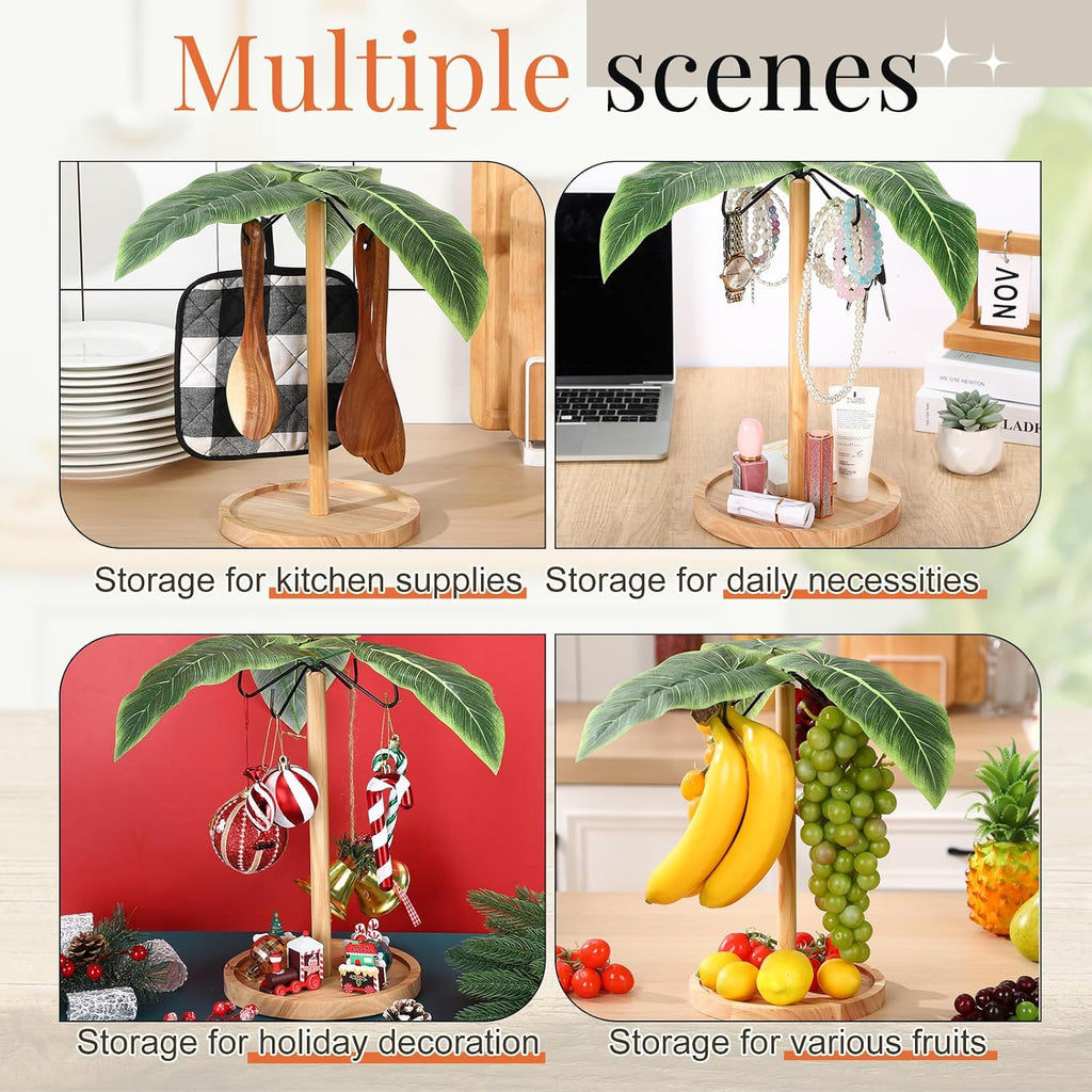 Chunful Banana Holder Banana Hanger Tree with 4 Metal Hooks Decorative Wooden Fruit Bowl Countertop Vegetable Storage Basket Stand, Vertical Storage Rack for Kitchen Dining Room