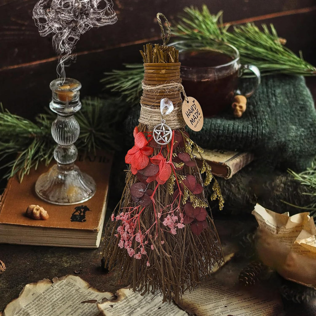 Cinnamon Broom 7.5 Inch Witch Broom for Altar Witchy Gifts (Red)