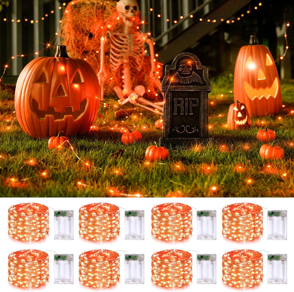 JMEXSUSS 8 Pack 50 LED Orange Halloween Lights Battery Operated