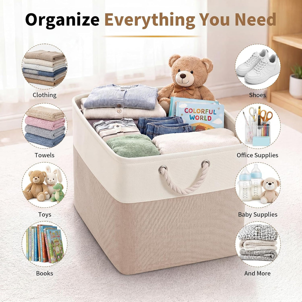 13×15×13 Inch 6 Pack Foldable Fabric Storage Basket with Handles,Extra Large Storage Basket,Decorative Storage Basket for Organizing Clothes, Toys, Books(White&Beige)